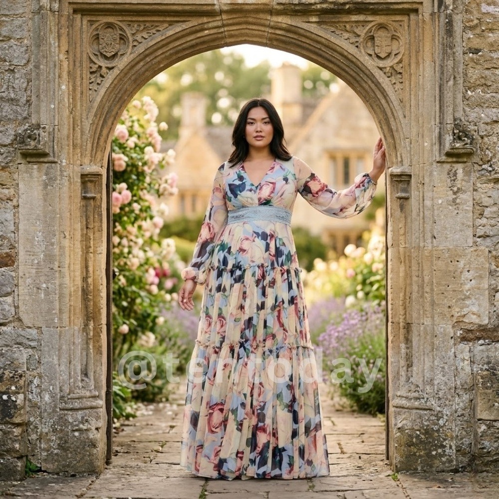 $698 Mac Duggal Size‎ 18 Long Sleeve V-Neck Blue Floral Print Maxi Gown Dress